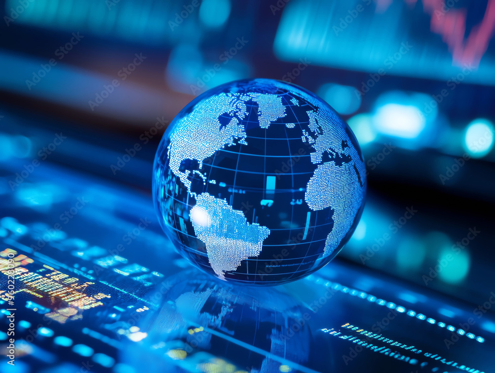 A digital globe representing global finance and data analysis, set against backdrop of financial graphs and data streams. A digital globe representing global finance and data analysis, set against backdrop of financial graphs and data streams.