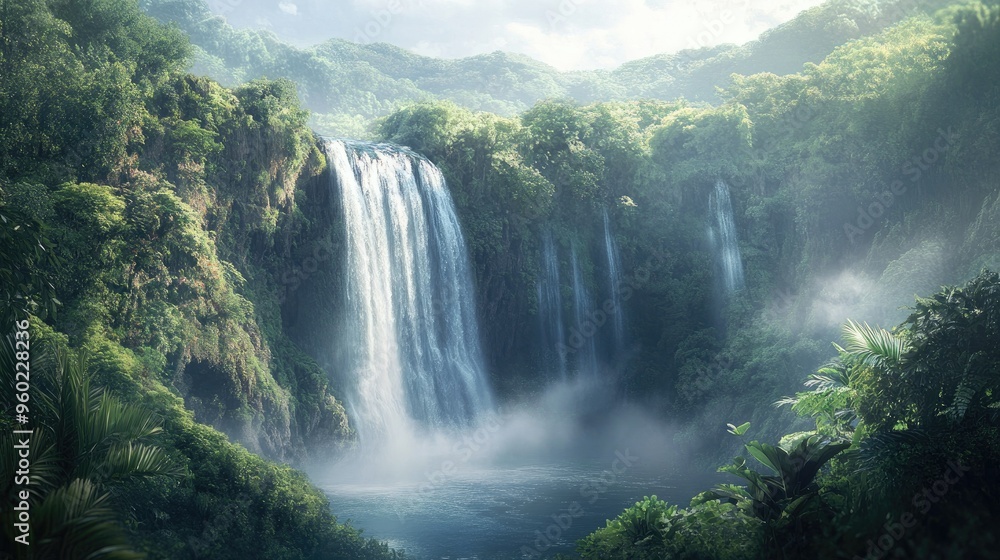 A panoramic view of a majestic waterfall surrounded by lush greenery and mist. A panoramic view of a majestic waterfall surrounded by lush greenery and mist.