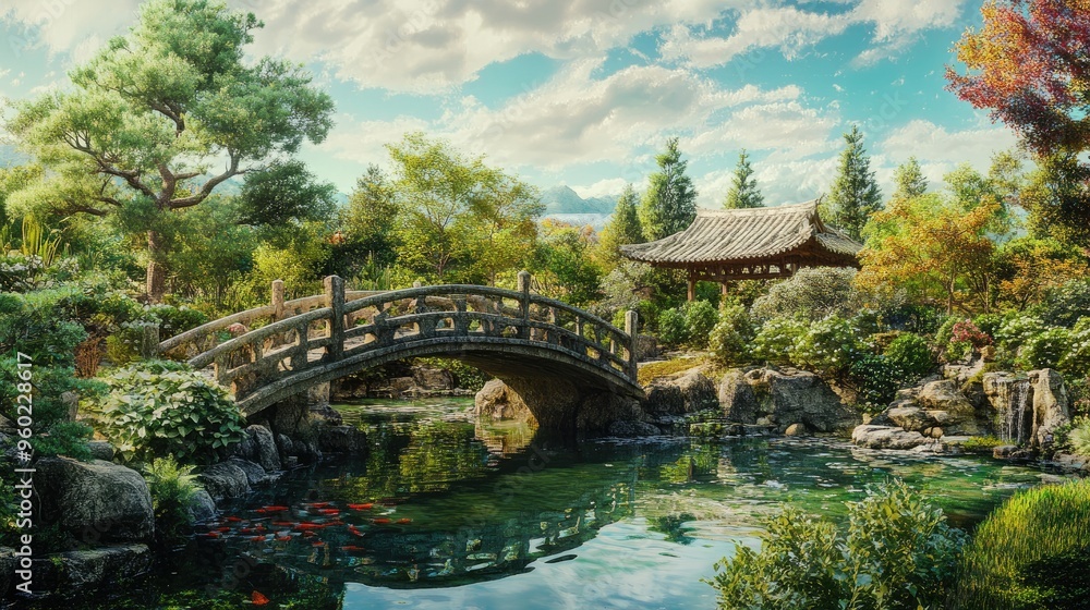 A panoramic view of a traditional Japanese tea garden with a stone bridge and koi pond. A panoramic view of a traditional Japanese tea garden with a stone bridge and koi pond.