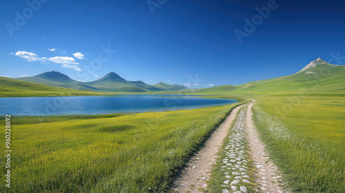 A wide, masculine landscape with grassland, a lake, and mountains in the distance. Generative AI