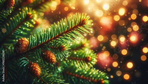 A pine tree branch with droplets of water showcasing vibrant green needles. The background features soft blurred bokeh lights in warm tones a festive atmosphere