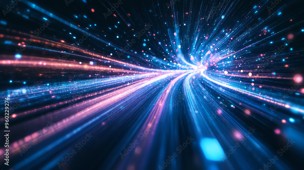 Vibrant light trails create dynamic sense of movement and energy, showcasing stunning visual representation of digital data flow.