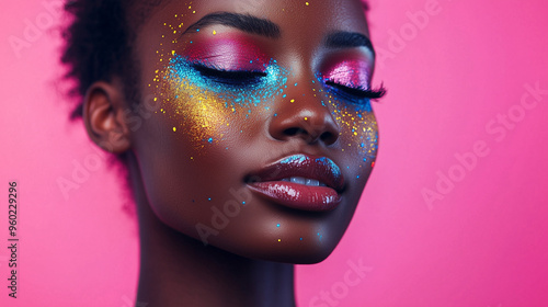 Cosmetic studio portrait of a beautiful black young woman with bright makeup. Beauty industry, cosmetology, ideal skin. AI generation