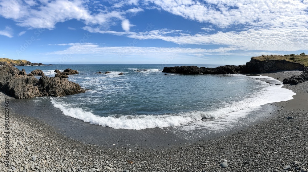 A panoramic view of Glass Beach with the ocean waves gently lapping the shore. A panoramic view of Glass Beach with the ocean waves gently lapping the shore.