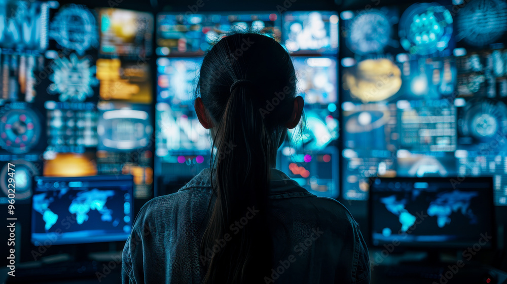 Naklejka premium A cybersecurity analyst monitors threats on multiple screens, showcasing data and analytics in high tech environment.