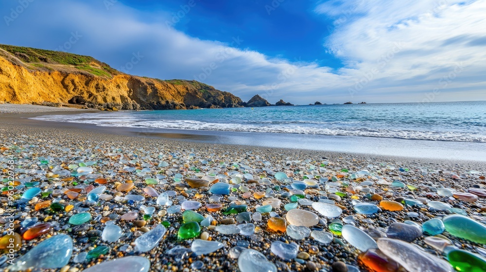A panoramic view of Glass Beach, with vibrant pieces of sea glass covering the shore. A panoramic view of Glass Beach, with vibrant pieces of sea glass covering the shore.
