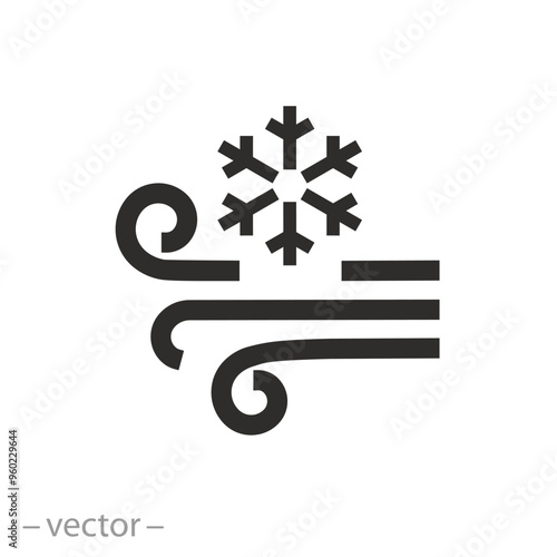 cool air of conditioner icon, flow cold wind, snowflake with swirl lines, freeze, flat vector illustration