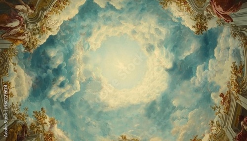 Celestial Baroque Masterpiece: Dramatic Blue Sky Ceiling Fresco with Ornate Frame. Elegant Trompe l'Oeil Mural Depicting Heavenly Figures in Azure Expanse. Cultural Icon of Faith and Inclusivity, Perf