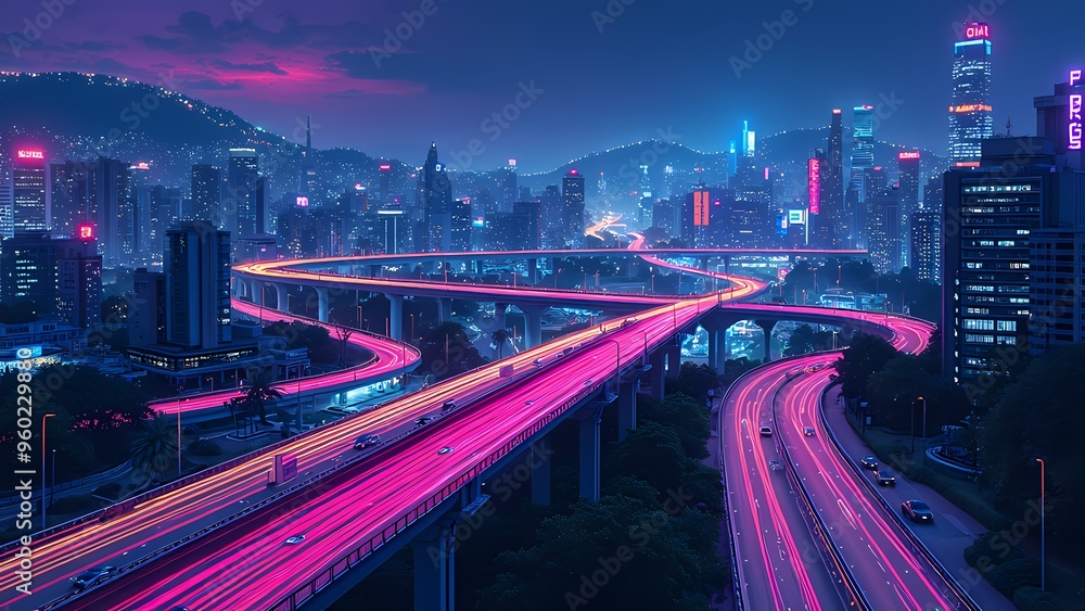 Fototapeta premium Nighttime Cityscape with Elevated Highways and Bold Light Trails