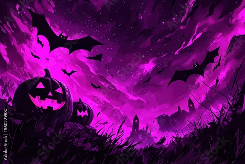 Spooky Halloween Night Sky with Bats and Jack o' Lantern