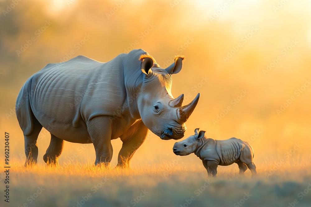 Fototapeta premium Mother Rhino and Calf at Golden Hour