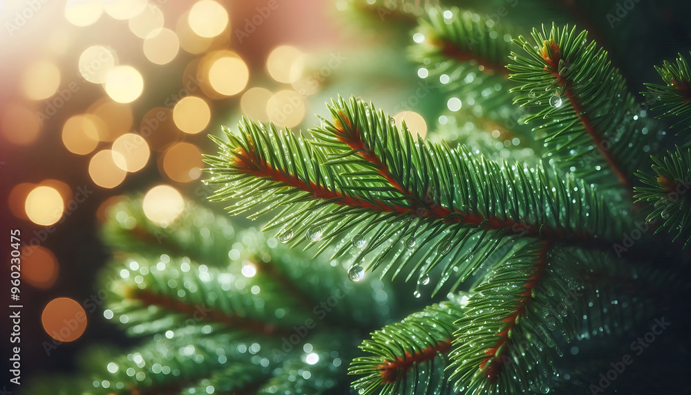 A pine tree branch with droplets of water showcasing vibrant green needles. The background features soft blurred bokeh lights in warm tones a festive atmosphere A pine tree branch with droplets of water showcasing vibrant green needles. The background features soft blurred bokeh lights in warm tones a festive atmosphere