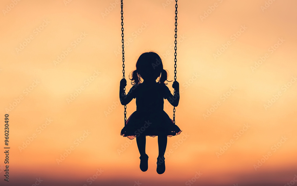 A silhouetted girl on a swing during sunset, capturing the essence of childhood joy and freedom in a serene atmosphere. A silhouetted girl on a swing during sunset, capturing the essence of childhood joy and freedom in a serene atmosphere.