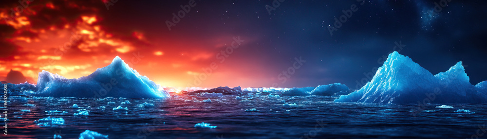 A stunning landscape of icebergs reflecting the vibrant colors of a sunset over the ocean, showcasing nature's beauty and tranquility. A stunning landscape of icebergs reflecting the vibrant colors of a sunset over the ocean, showcasing nature's beauty and tranquility.