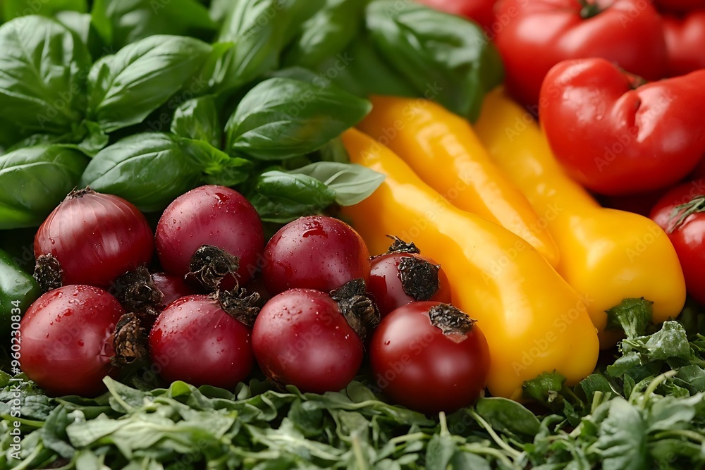 Photo of Fresh Red Onions, Yellow Peppers, and Tomatoes with Herbs - Vibrant Healthy Eating Background Photo of Fresh Red Onions, Yellow Peppers, and Tomatoes with Herbs - Vibrant Healthy Eating Background