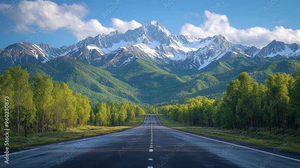 The road leads to the distant snow-capped mountains, surrounded by green forests and blue sky. Generative AI The road leads to the distant snow-capped mountains, surrounded by green forests and blue sky. Generative AI