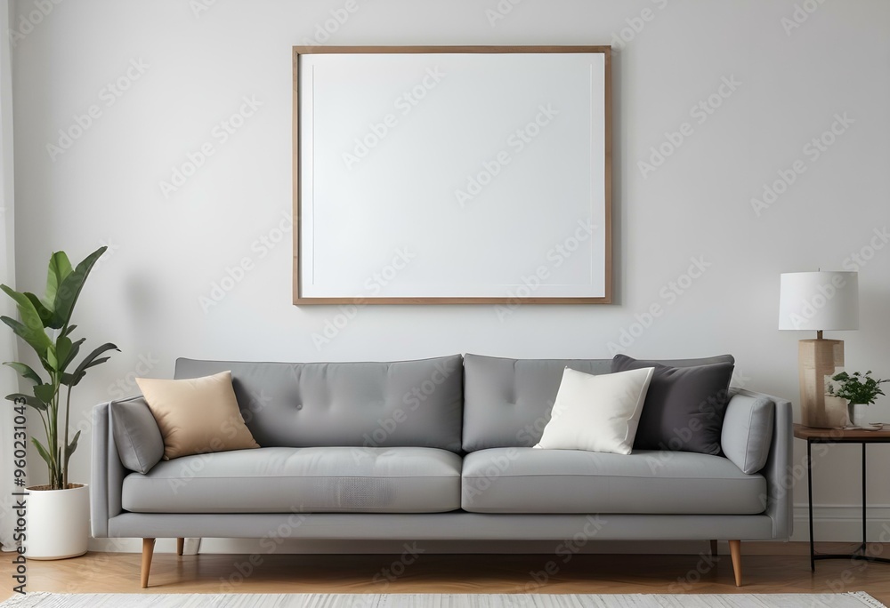 A modern living room with a gray sofa, white walls, and a large empty wooden frame on the wall. A modern living room with a gray sofa, white walls, and a large empty wooden frame on the wall.