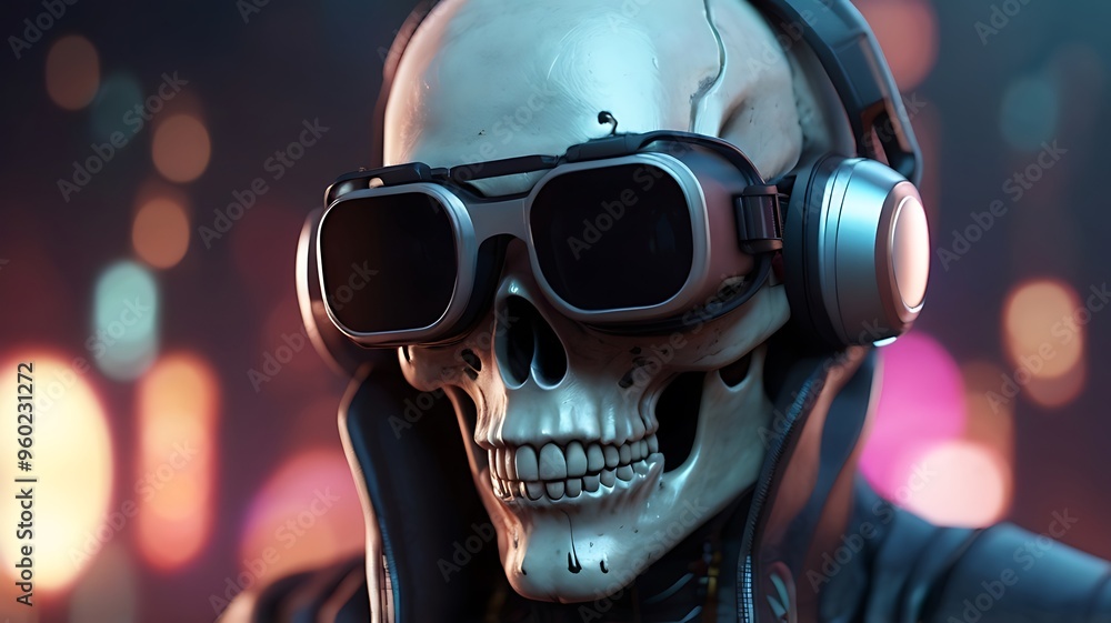 spooky cyberpunk skull in three dimensions with futuristic virtual reality goggles in a 3D illustration spooky cyberpunk skull in three dimensions with futuristic virtual reality goggles in a 3D illustration