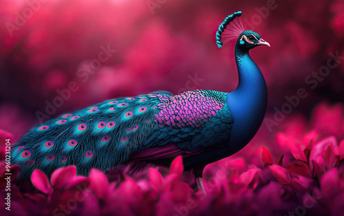 A vibrant peacock displaying its colorful feathers amidst a backdrop of pink flowers, showcasing nature's beauty and elegance.