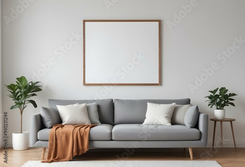 A modern living room with a gray sofa, white walls, and a large empty wooden frame on the wall.