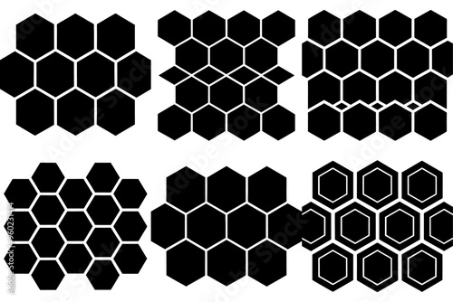 A set of black honeycomb seamless pattern silhouettes