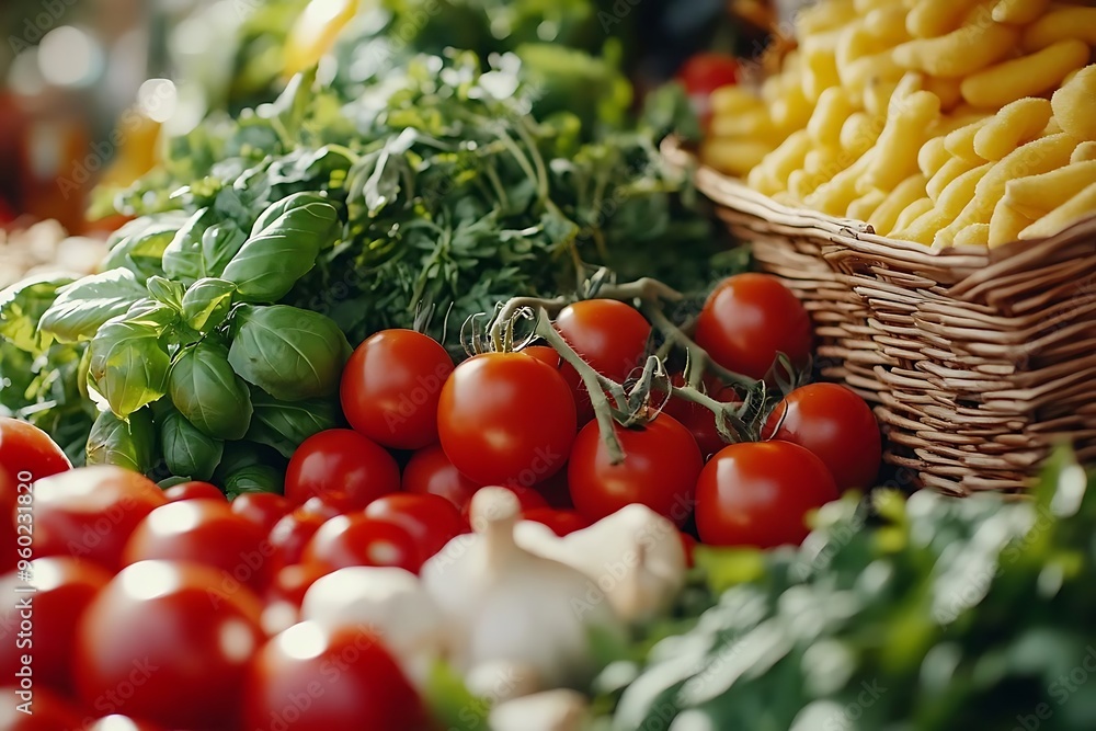 Photo - Fresh Tomatoes, Herbs, and Pasta: A Vibrant Farmer's Market Display Photo - Fresh Tomatoes, Herbs, and Pasta: A Vibrant Farmer's Market Display