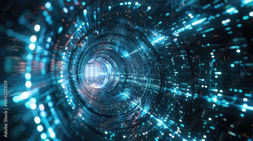 A futuristic tunnel of light, showcasing a vibrant array of glowing particles and digital effects, perfect for sci-fi themes. A futuristic tunnel of light, showcasing a vibrant array of glowing particles and digital effects, perfect for sci-fi themes.