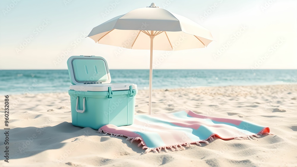 Beach Cooler and Towel Under Pastel Umbrella