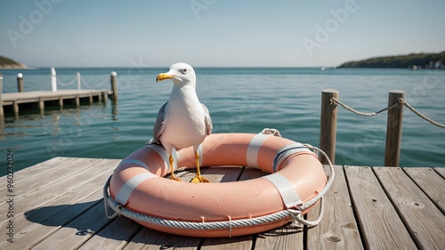 Seagull and Lifebuoy on Dock Near Calm Sea