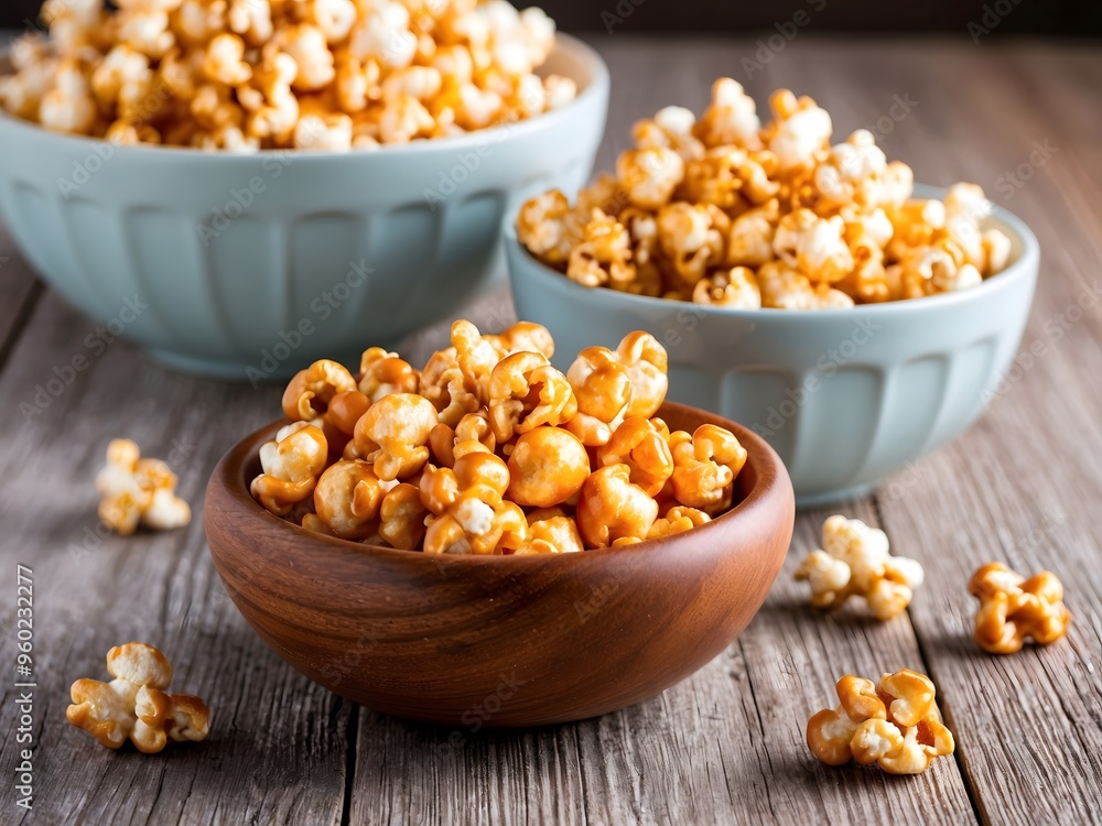 Sweet caramel popcorn in a bowl on a wooden background. Salted caramel popcorn. Caramel sauce. Sweet caramel popcorn in a bowl on a wooden background. Salted caramel popcorn. Caramel sauce.