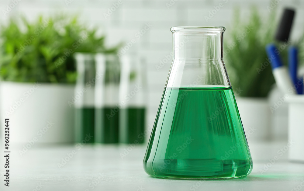 Close-up of a green liquid in a laboratory flask, set against a clean background with plants and test tubes for a scientific theme.