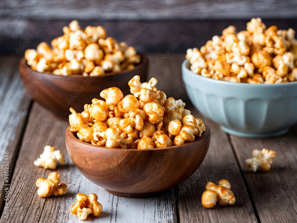 Sweet caramel popcorn in a bowl on a wooden background. Salted caramel popcorn. Caramel sauce. Sweet caramel popcorn in a bowl on a wooden background. Salted caramel popcorn. Caramel sauce.