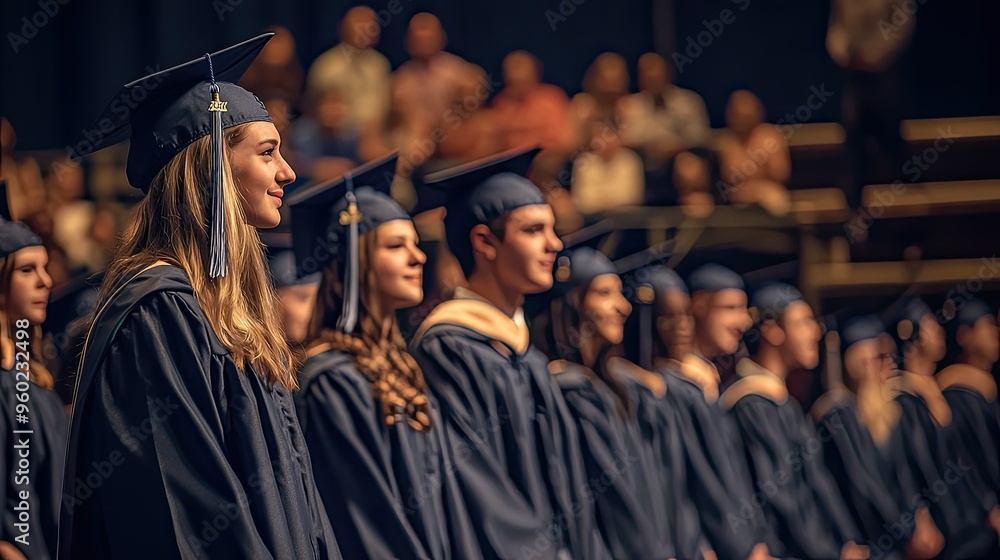 Graduates in caps and gowns during a commencement ceremony. Graduates in caps and gowns during a commencement ceremony.