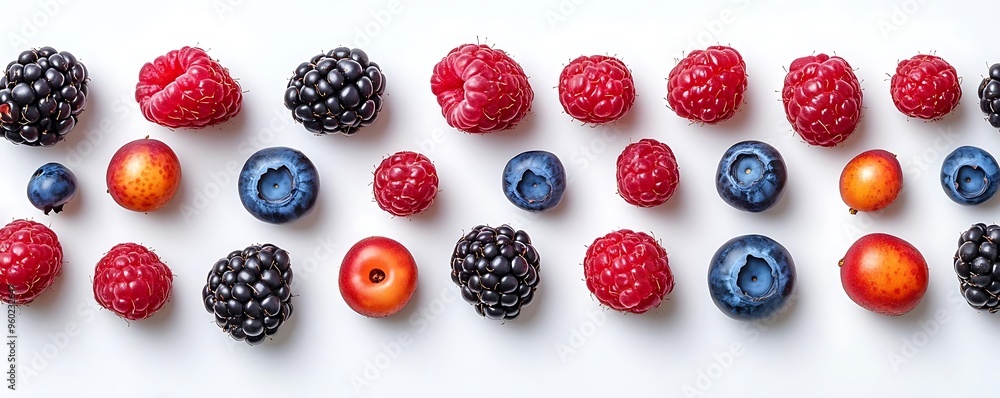 Photo: A Vibrant Mix of Blueberries, Raspberries and Blackberries on a White Background Photo: A Vibrant Mix of Blueberries, Raspberries and Blackberries on a White Background