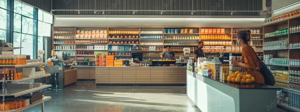 Modern grocery store interior with shelves full of products and customers Modern grocery store interior with shelves full of products and customers