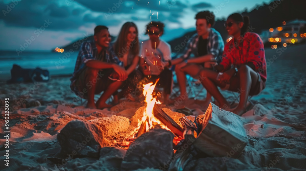 Friends gather around a cozy bonfire on the beach, sharing stories and laughter as waves gently crash in the background Friends gather around a cozy bonfire on the beach, sharing stories and laughter as waves gently crash in the background