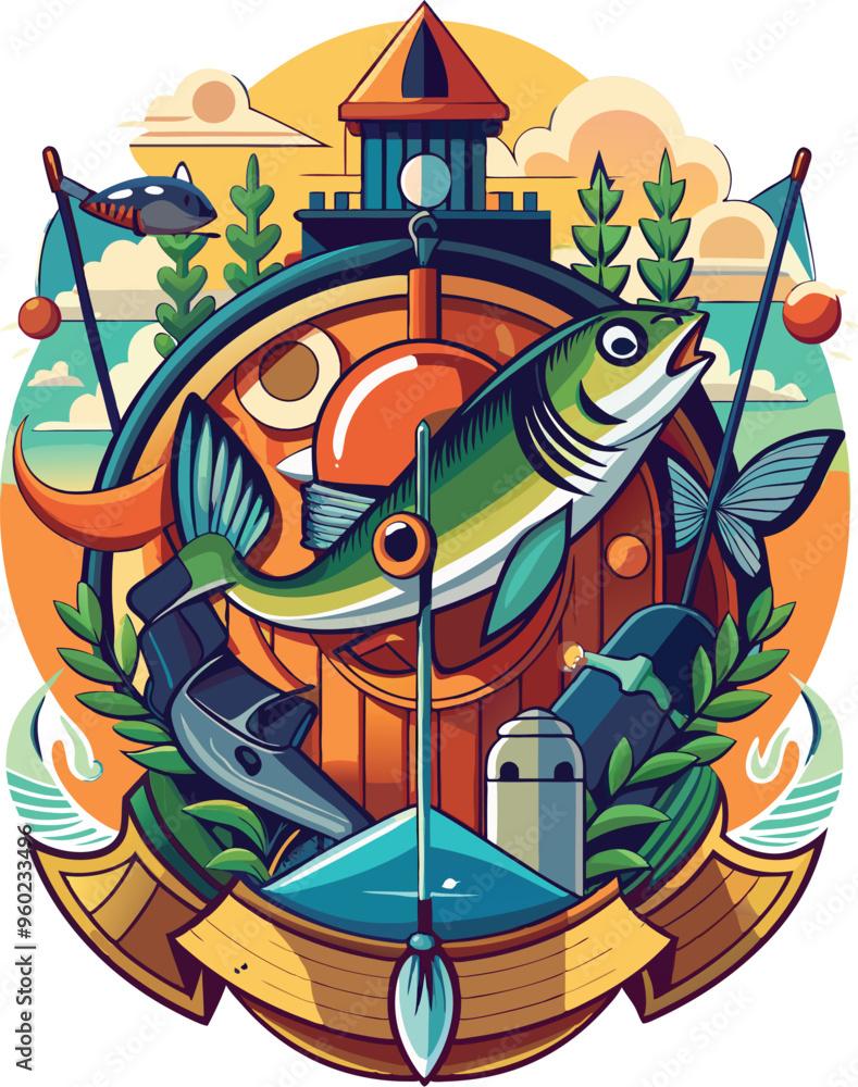 Naklejka premium Fishing vector art,graphics Fishing icon set,vintage illustration Fishing clipart,vector Fishing flat style artwork design