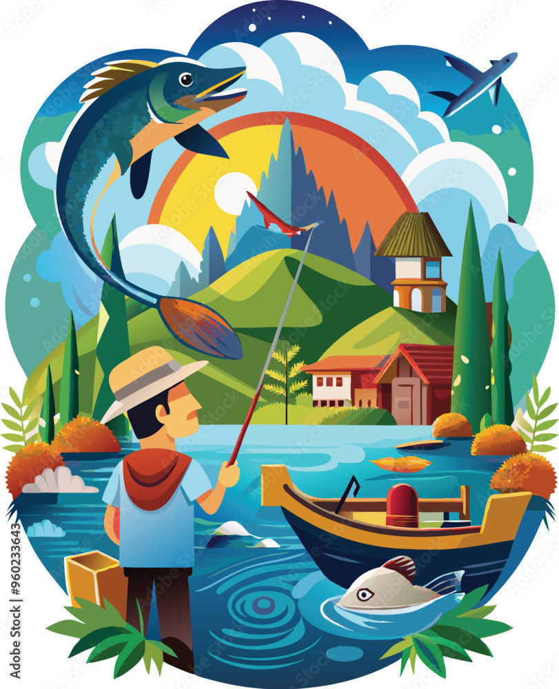 Naklejka premium Fishing vector art,graphics Fishing icon set,vintage illustration Fishing clipart,vector Fishing flat style artwork design