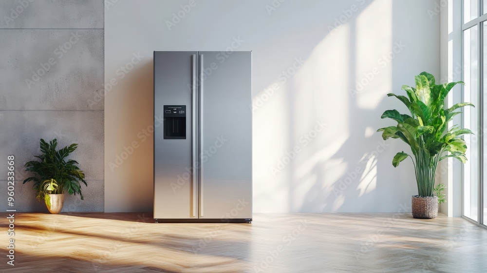 Minimal smart fridge with AI meal suggestions on display, soft morning light, large blank space surrounding the scene, copy space for stock photo with minimal concept, No logo, No Trademark, No text Minimal smart fridge with AI meal suggestions on display, soft morning light, large blank space surrounding the scene, copy space for stock photo with minimal concept, No logo, No Trademark, No text