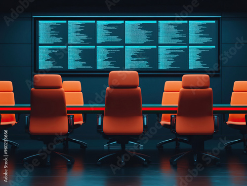 Modern conference room with vibrant orange chairs and a high-tech screen displaying data.