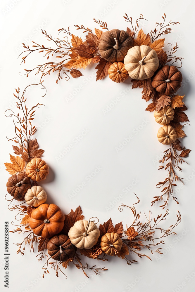 Fototapeta premium Halloween day celebration concept , halloween pumpkin with dry leaves and copy space for text decoration on white background , vertical , AI generative