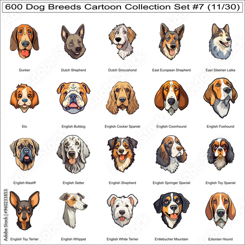 Cute Dog Breeds Cartoon Characters Sticker Bundle Collection Set 7 of 600 Dog Faces Isolated Part 11