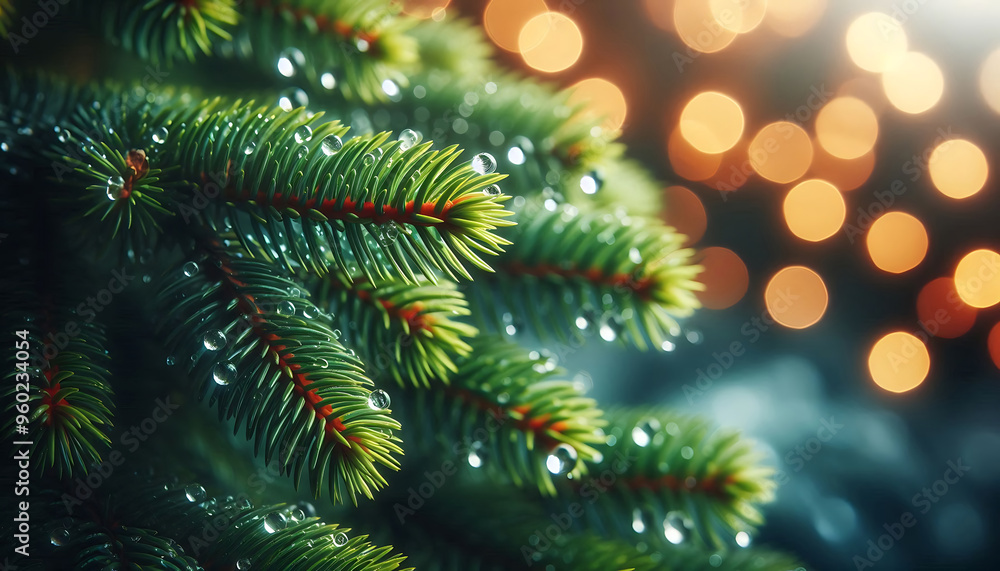 A pine tree branch with droplets of water showcasing vibrant green needles. The background features soft blurred bokeh lights in warm tones a festive atmosphere A pine tree branch with droplets of water showcasing vibrant green needles. The background features soft blurred bokeh lights in warm tones a festive atmosphere