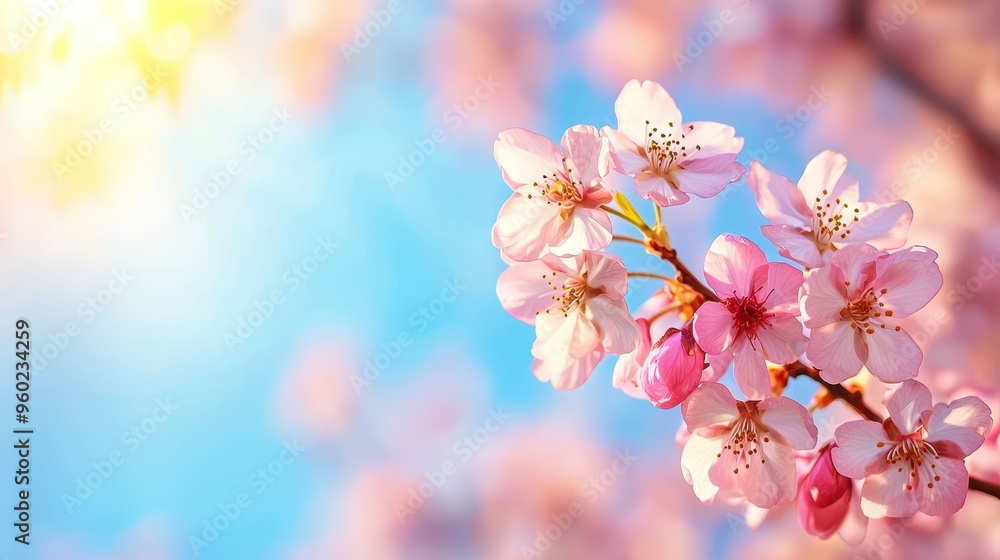 Beautiful cherry blossoms in full bloom with a vibrant blue sky and sunlight in the background, signaling the arrival of spring. Beautiful cherry blossoms in full bloom with a vibrant blue sky and sunlight in the background, signaling the arrival of spring.
