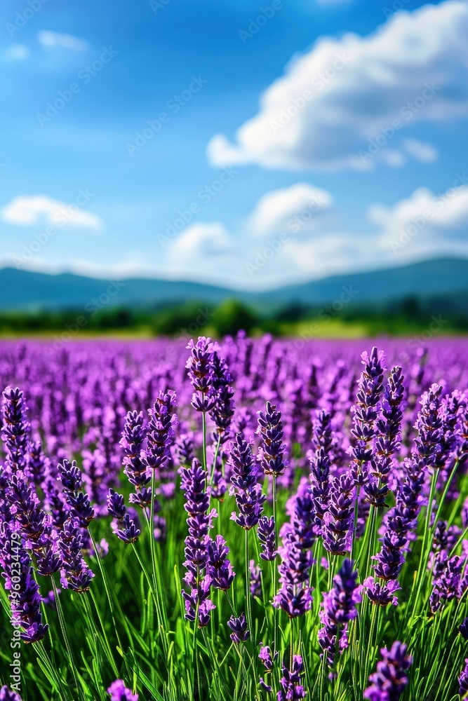Naklejka premium Beautiful lavender field in full bloom under a blue sky with white clouds and distant mountains. Scenic and vibrant summer landscape.