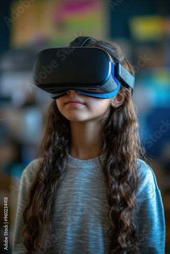 VR Classroom Experience, A school student wearing a VR headset interacts with AI technology and blue holograms for an innovative learning experience in the classroom