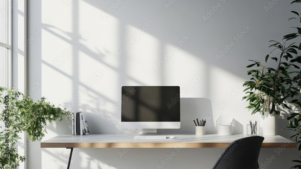 Simple AI-powered lighting system in a minimalist home office, soft natural light, large blank space around, copy space for stock photo with minimal concept, No logo, No Trademark, No text Simple AI-powered lighting system in a minimalist home office, soft natural light, large blank space around, copy space for stock photo with minimal concept, No logo, No Trademark, No text