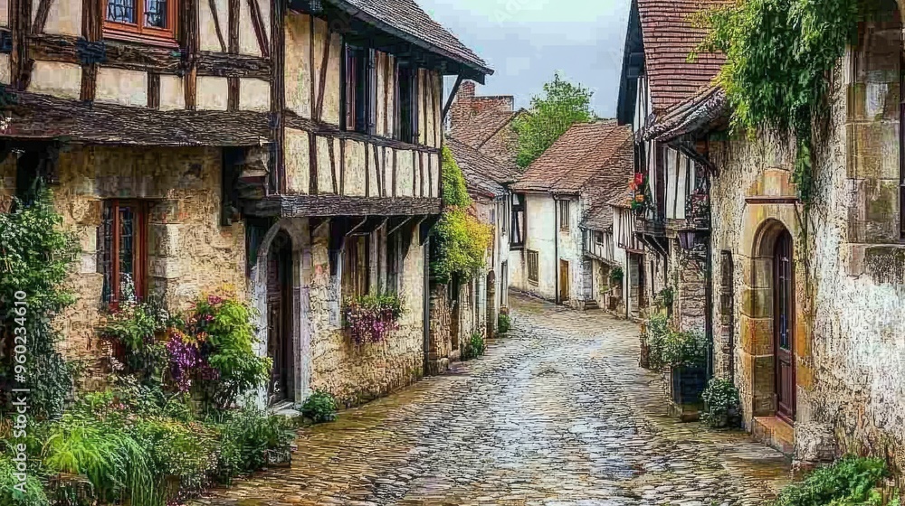 A picturesque view of a historic European village with cobblestone streets and medieval architecture. A picturesque view of a historic European village with cobblestone streets and medieval architecture.