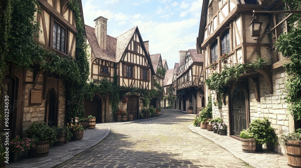 A picturesque view of a historic European village with cobblestone streets and medieval architecture. A picturesque view of a historic European village with cobblestone streets and medieval architecture.
