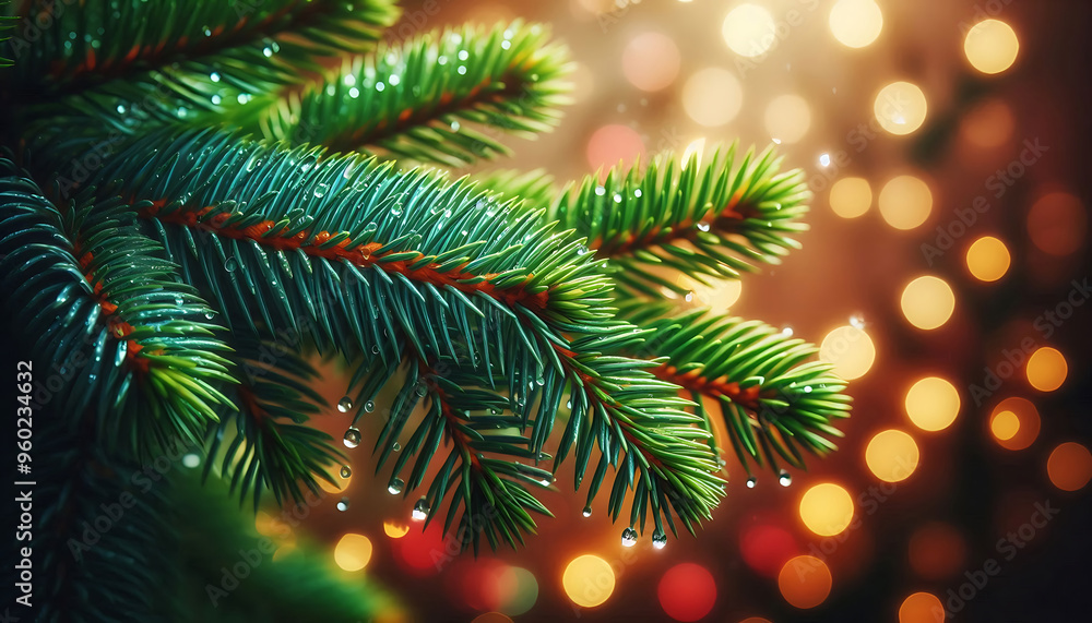A pine tree branch with droplets of water showcasing vibrant green needles. The background features soft blurred bokeh lights in warm tones a festive atmosphere A pine tree branch with droplets of water showcasing vibrant green needles. The background features soft blurred bokeh lights in warm tones a festive atmosphere